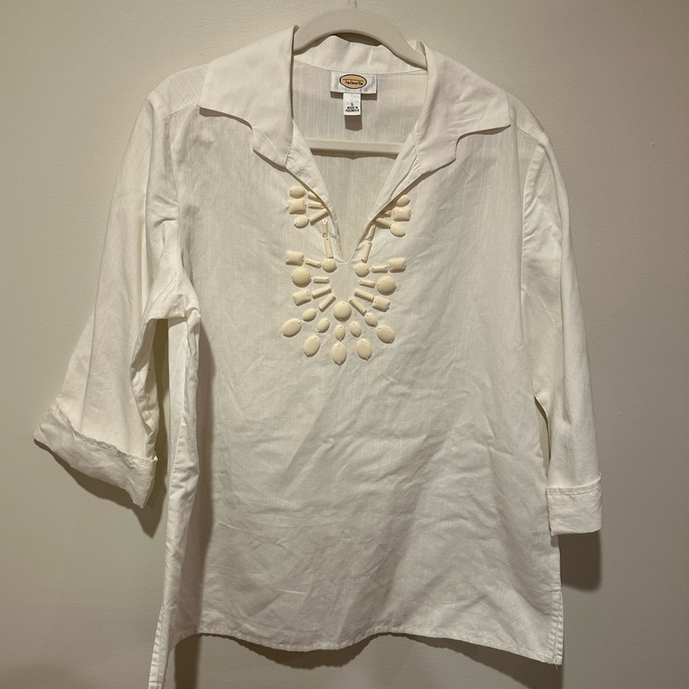 Talbots Beaded Linen 3/4 Sleeve Tunic Top - Large